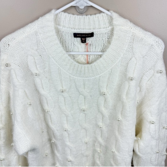 Skies Are Blue Cream Oversized Pearl Detail Cable Knit Wool Blend Sweater Sz XS - Picture 4 of 8
